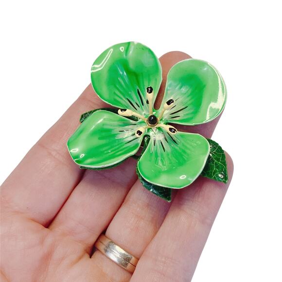 Vintage 1960s Green Enamel Flower Brooch Layered Leaves Mod Mid Century Pin - Picture 5 of 10